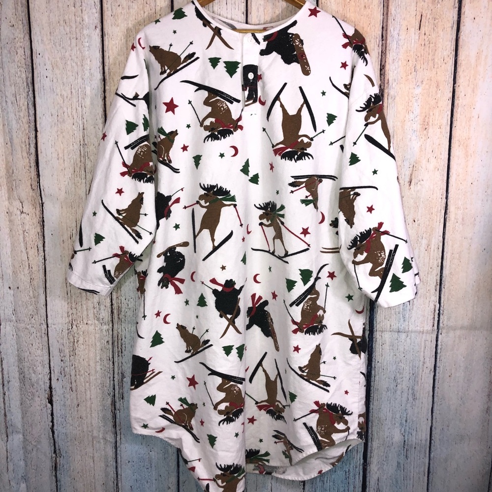 Coldwater Creek Flannel Sleep Shirt Skiing Moose